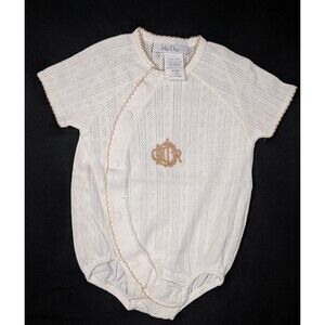 ​Vintage Baby Dior NWOT Pointelle Knit Romper Tan Embroidered Crest Logo USA 3-6
